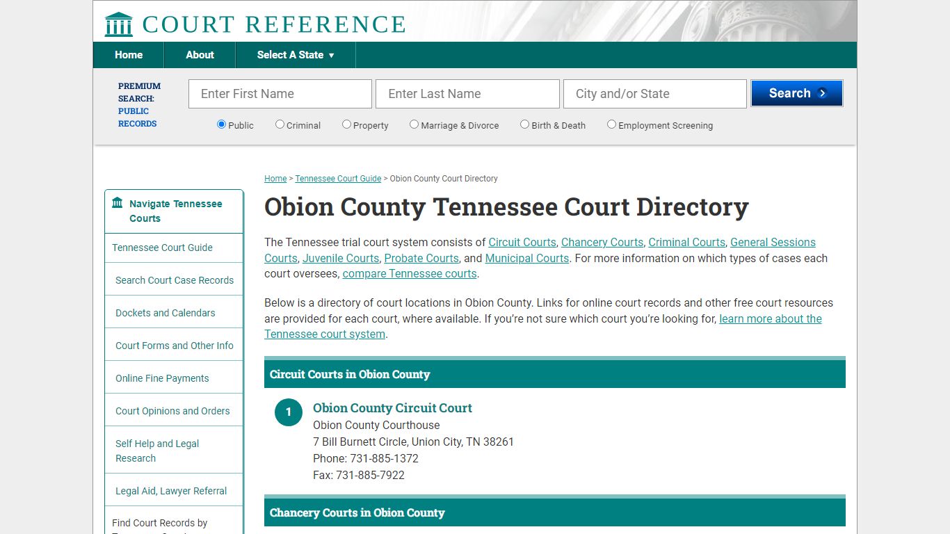 Obion County Tennessee Court Directory - Courtreference.com